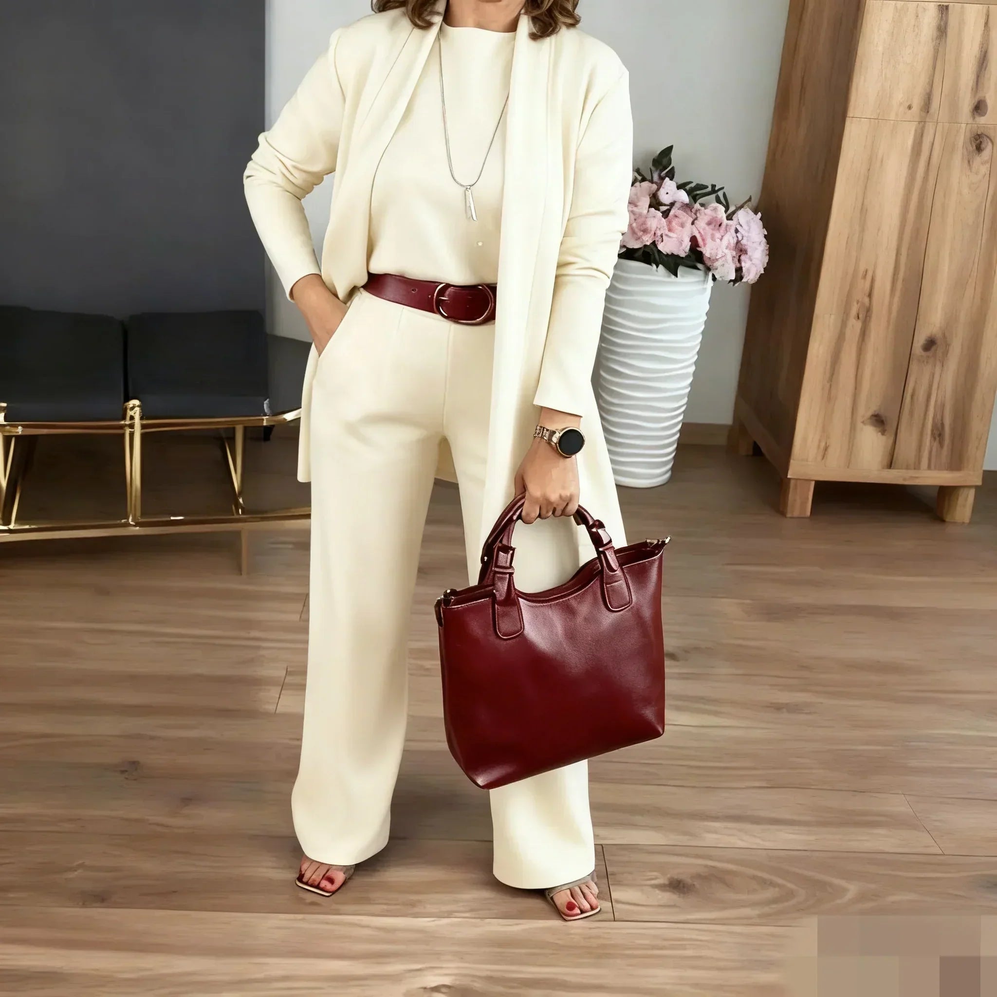 ⏳Tymczasowa oferta⏰Elegancki 3-częściowy zestaw składający się z długiego swetra, topu i spodni💞
