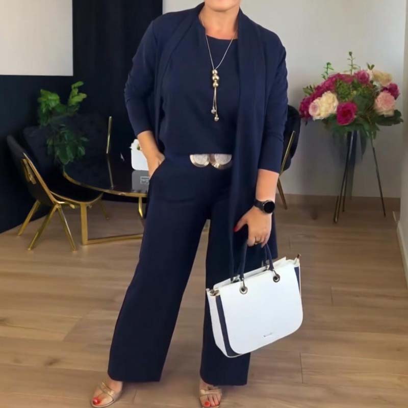💥Offerta speciale: 50% di sconto-Elegante cardigan lungo, top e pantaloni, set di 3 pezzi